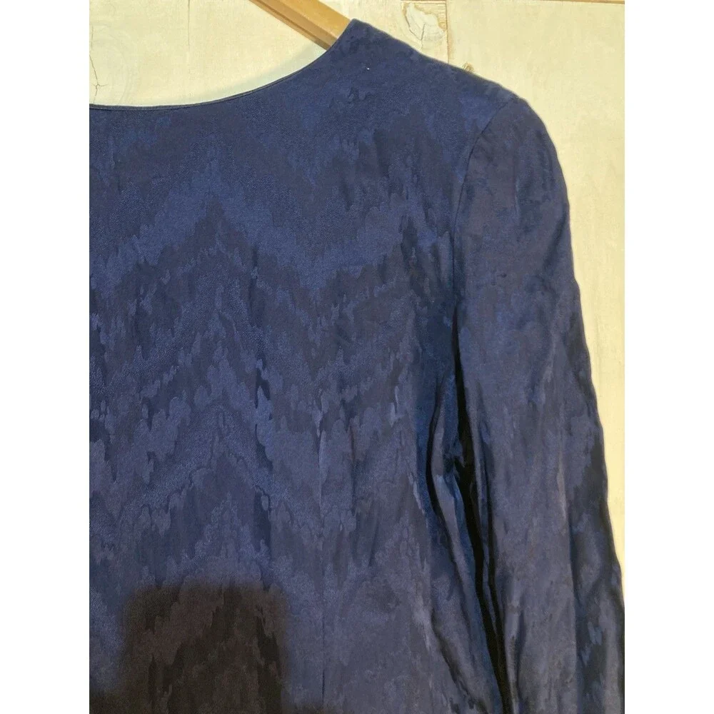 Vintage 90s Ruffle Hem Dress Women Sz 14 Blue Silk Long Sleeve Jacquard Cocktail - Picture 5 of 9